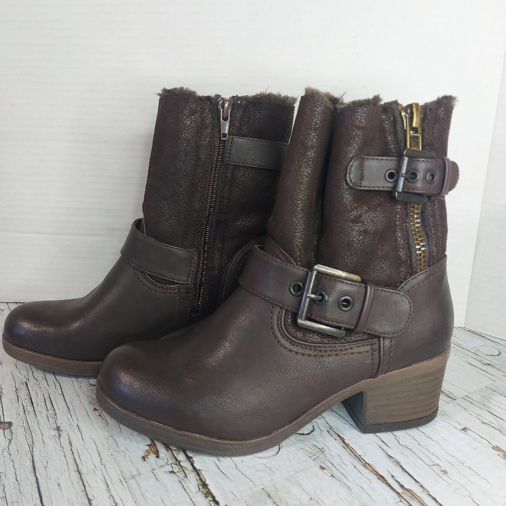 Soft Moc Heeled Moto Boot Brown with Zippers and Buckles